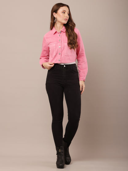 Cotton Full Sleeve with Shirt Collar Pink Jacket