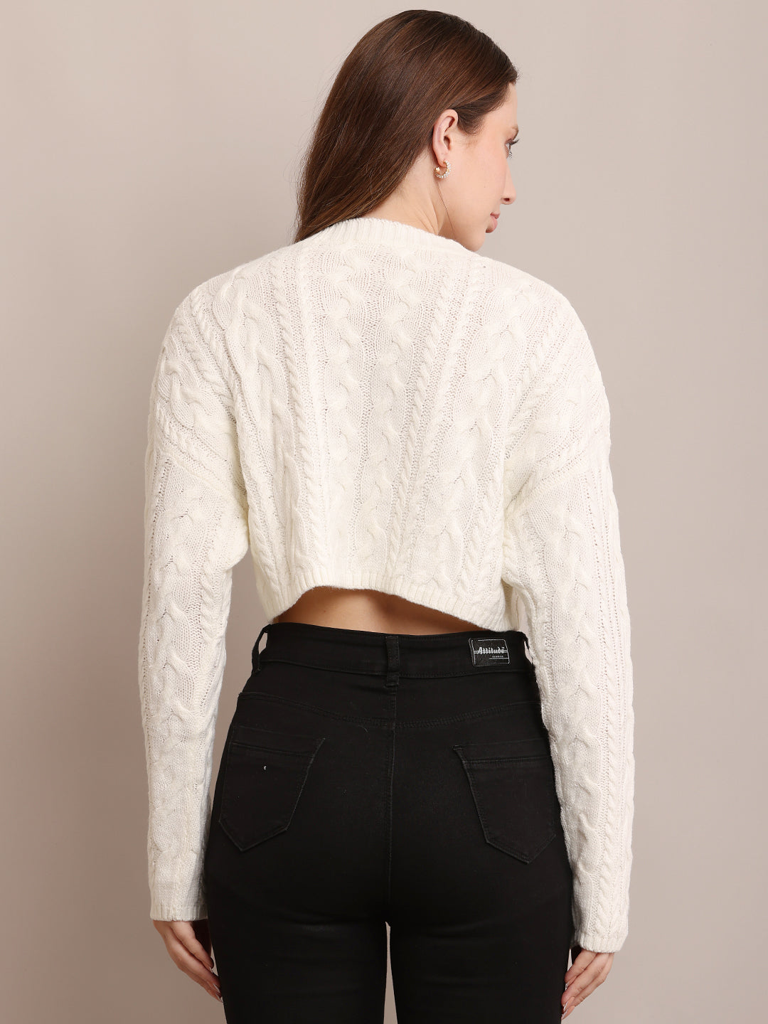 Acrylic Crew Neck with Full Sleeve Soft Cropped off-White sweater