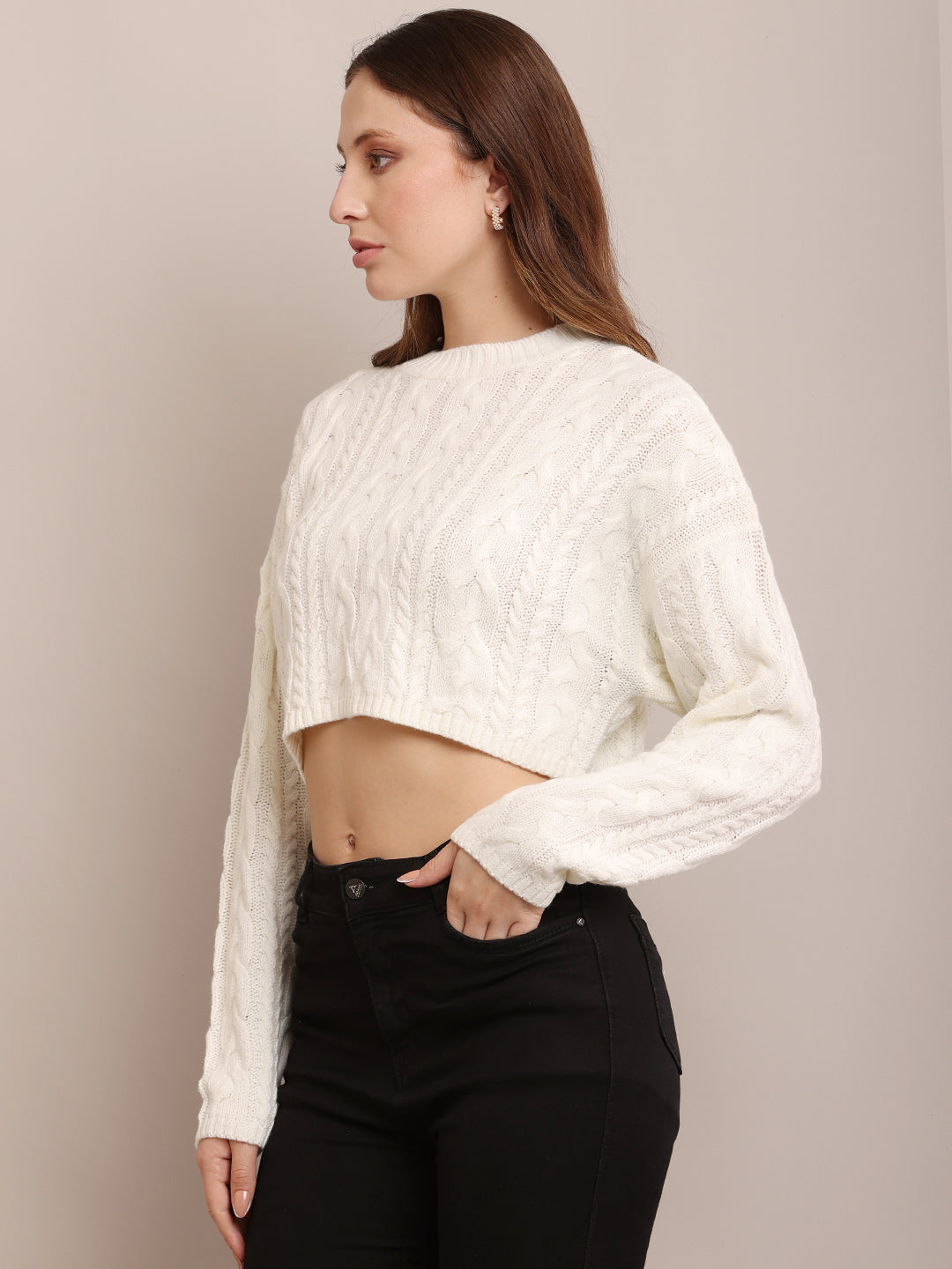 Acrylic Crew Neck with Full Sleeve Soft Cropped off-White sweater