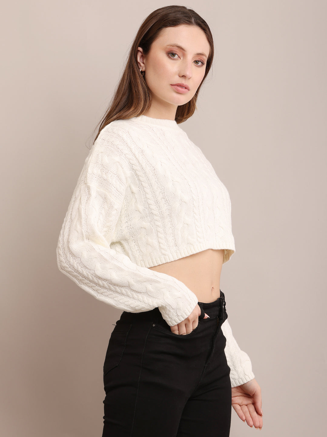 Acrylic Crew Neck with Full Sleeve Soft Cropped off-White sweater
