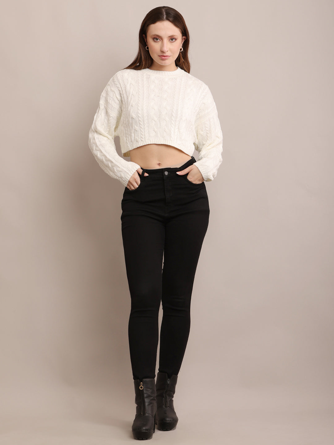 Acrylic Crew Neck with Full Sleeve Soft Cropped off-White sweater