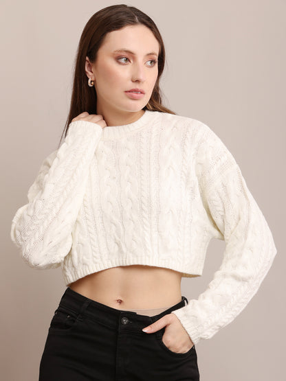 Acrylic Crew Neck with Full Sleeve Soft Cropped off-White sweater