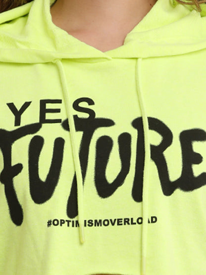 Cotton Casual Long Sleeve Cropped Hooded Parrot Green Sweatshirt