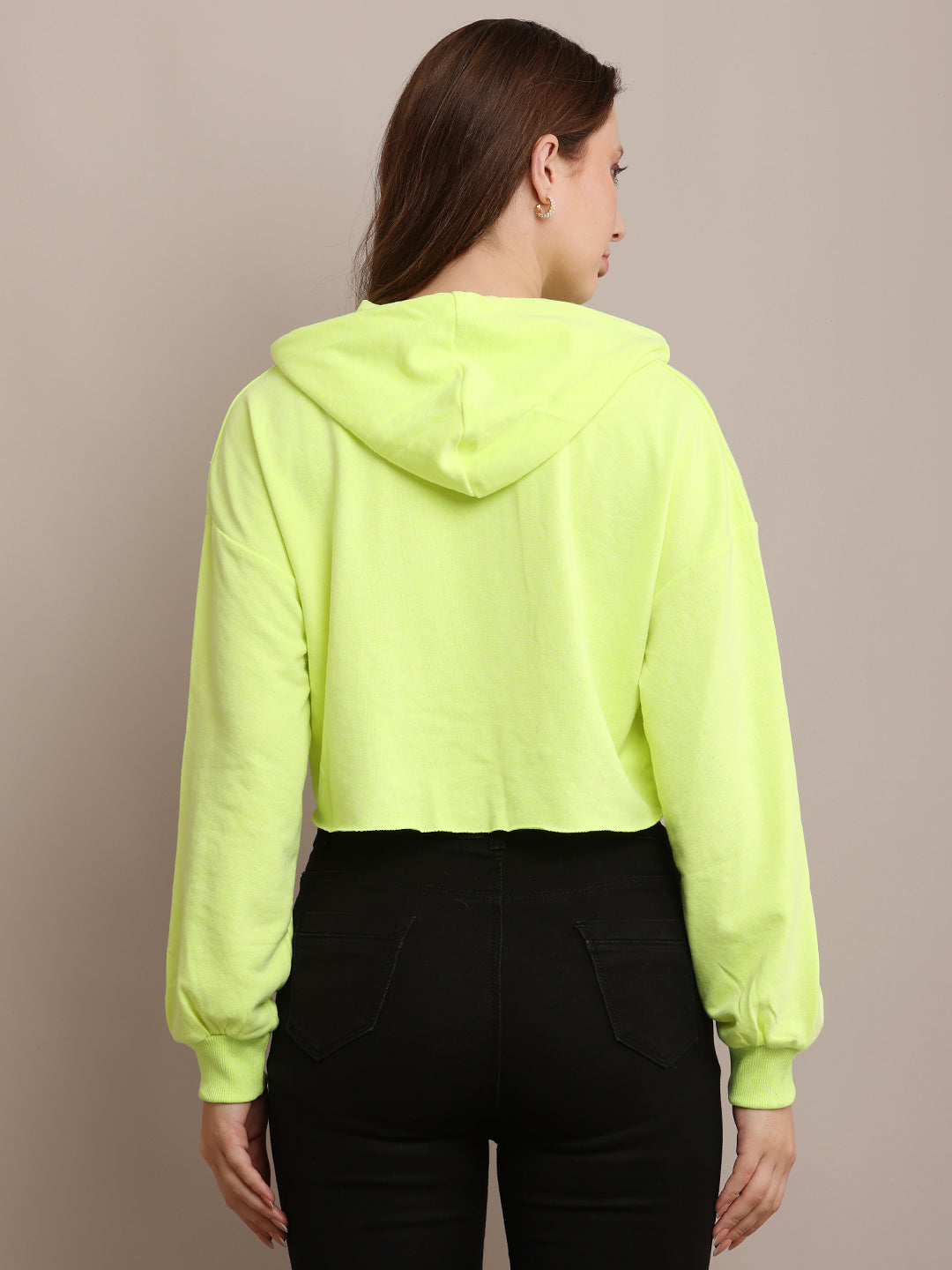 Cotton Casual Long Sleeve Cropped Hooded Parrot Green Sweatshirt