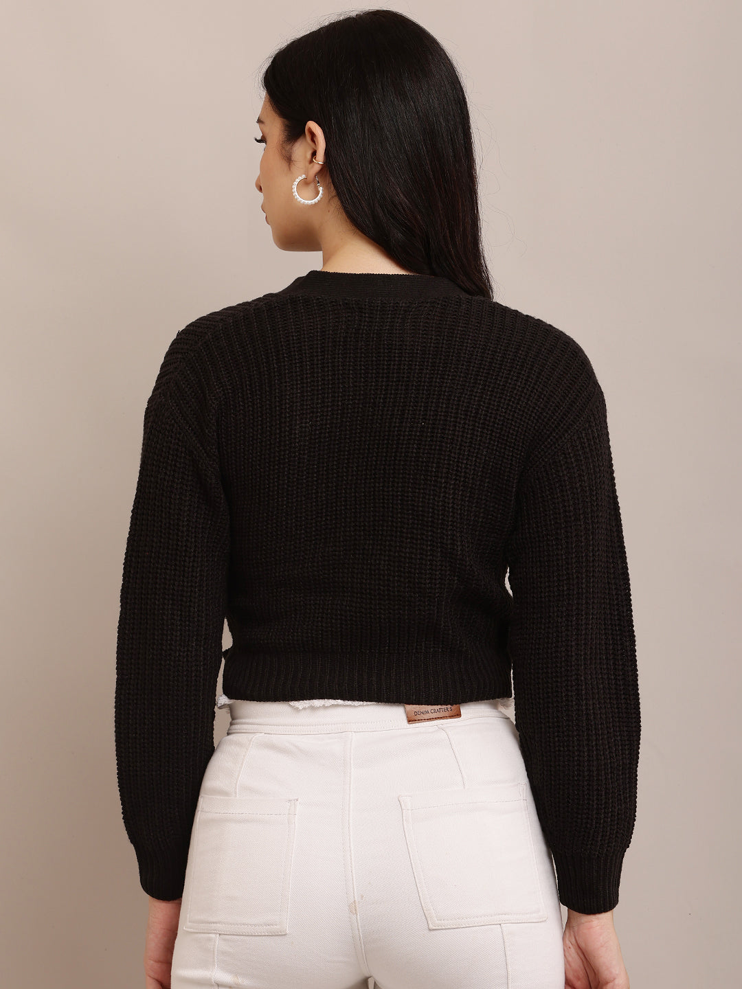 Acrylic Full Sleeve with V-Neck open wrap front knitted Black Cardigan