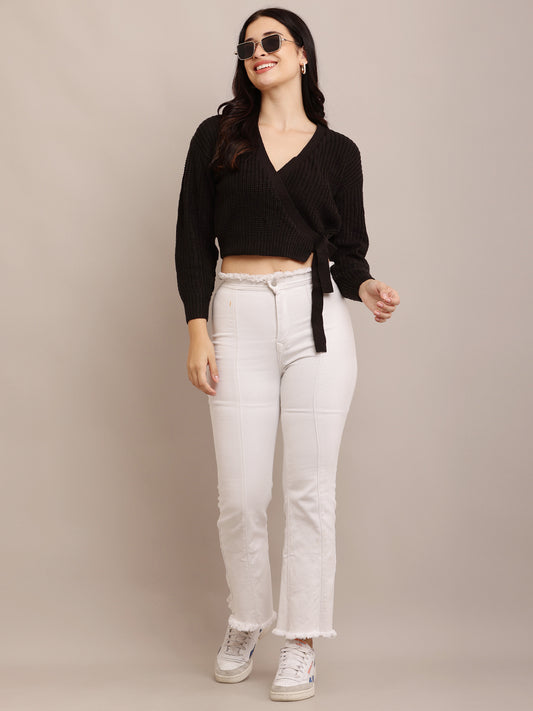 Acrylic Full Sleeve with V-Neck open wrap front knitted Black Cardigan