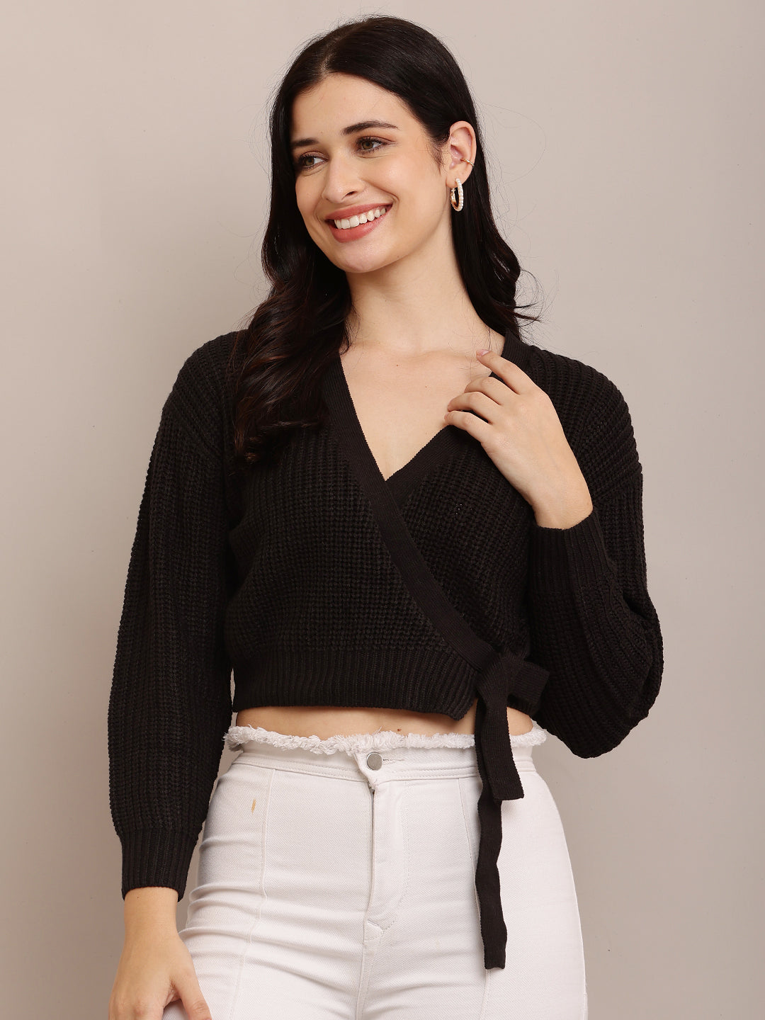Acrylic Full Sleeve with V-Neck open wrap front knitted Black Cardigan