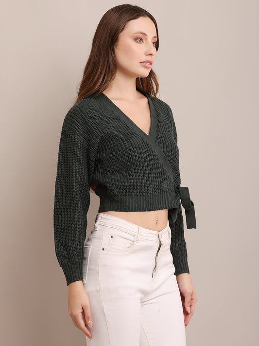 Acrylic Full Sleeve with V-Neck open wrap front knitted Dark Green Cardigan
