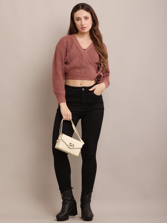 Acrylic Full Sleeve with V-Neck open wrap front knitted Peach Cardigan