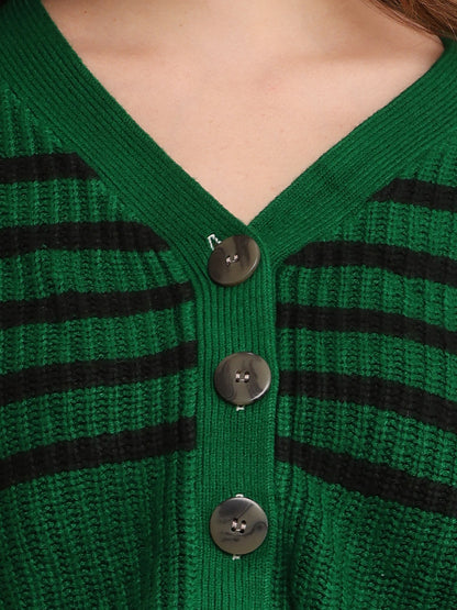 Acrylic Full Sleeve with V-Neck Striped Cropped Green Cardigan