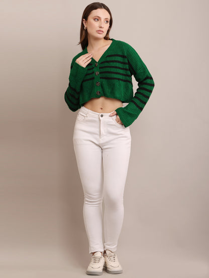 Acrylic Full Sleeve with V-Neck Striped Cropped Green Cardigan