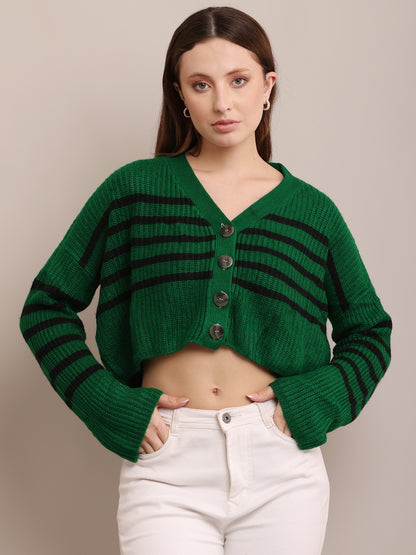 Acrylic Full Sleeve with V-Neck Striped Cropped Green Cardigan