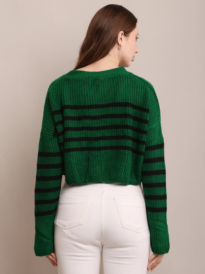 Acrylic Full Sleeve with V-Neck Striped Cropped Green Cardigan