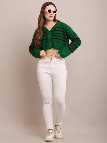Acrylic Full Sleeve with V-Neck Striped Cropped Green Cardigan