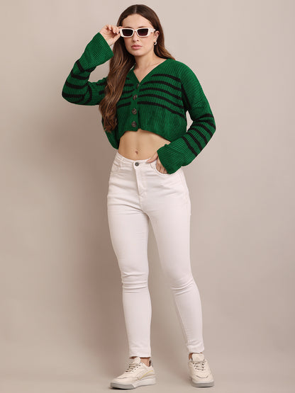 Acrylic Full Sleeve with V-Neck Striped Cropped Green Cardigan