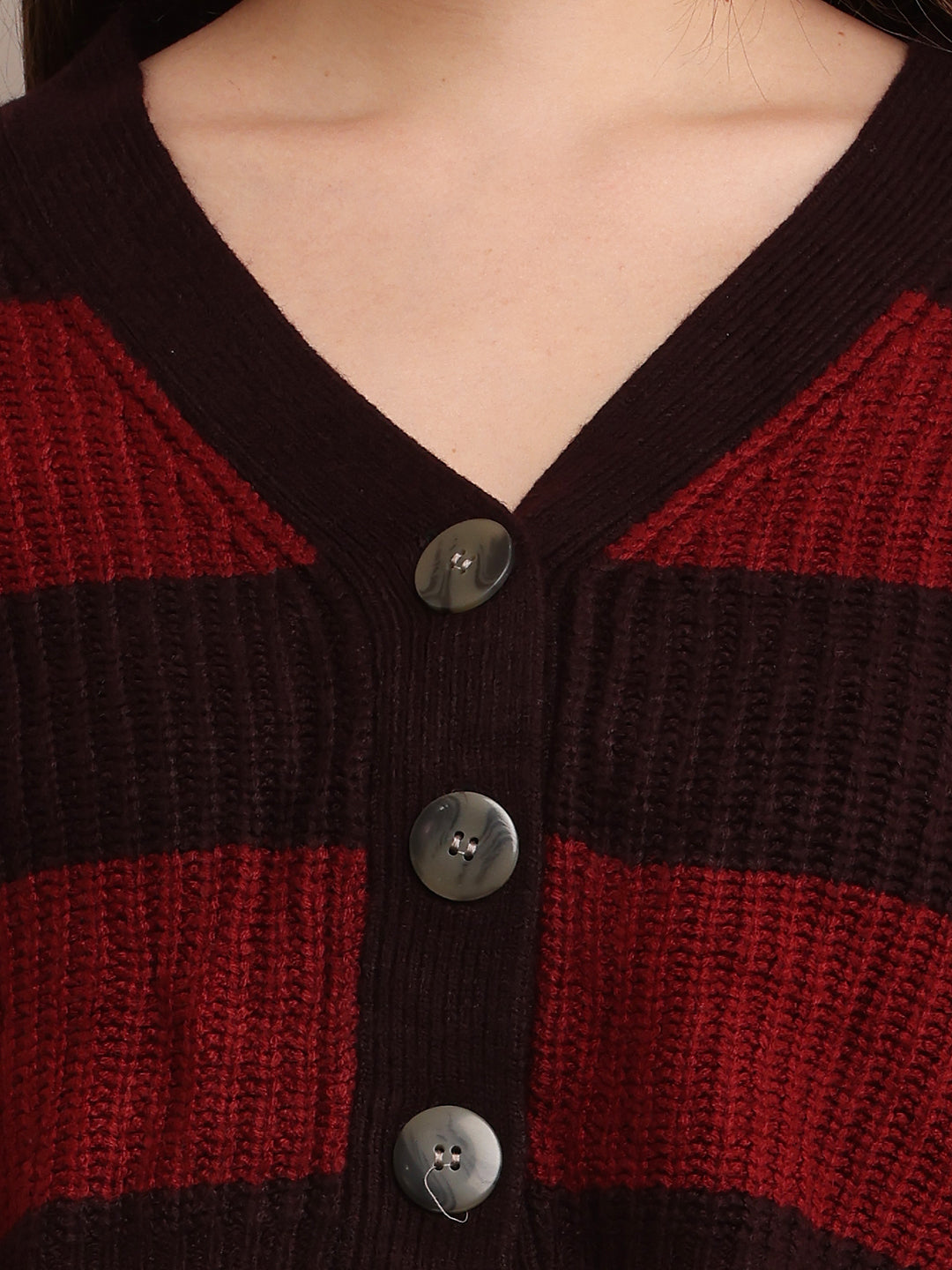 Acrylic Full Sleeve with V-Neck Striped Cropped Maroon Cardigan