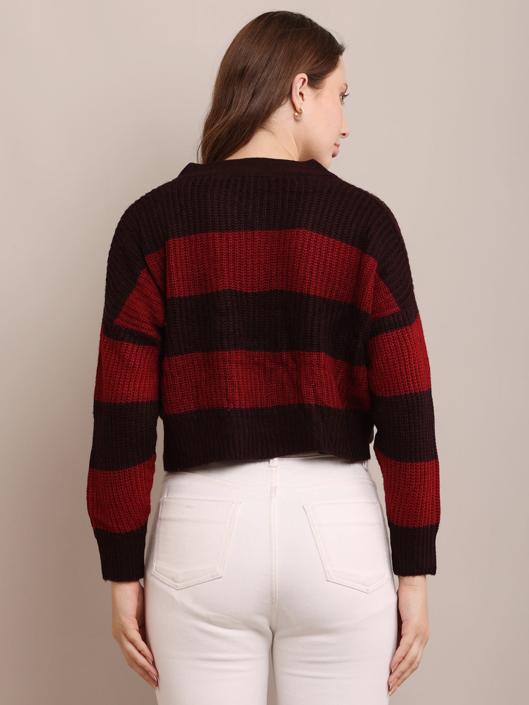 Acrylic Full Sleeve with V-Neck Striped Cropped Maroon Cardigan