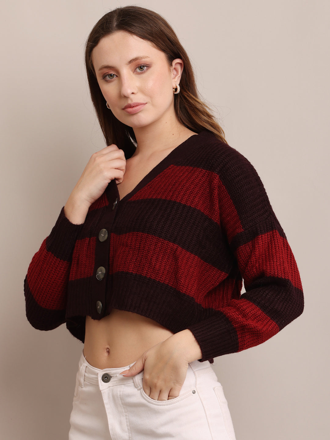 Acrylic Full Sleeve with V-Neck Striped Cropped Maroon Cardigan