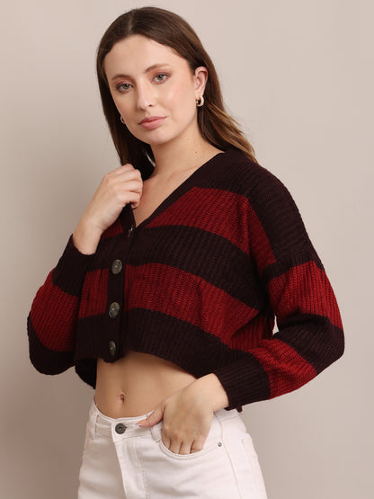 Acrylic Full Sleeve with V-Neck Striped Cropped Maroon Cardigan