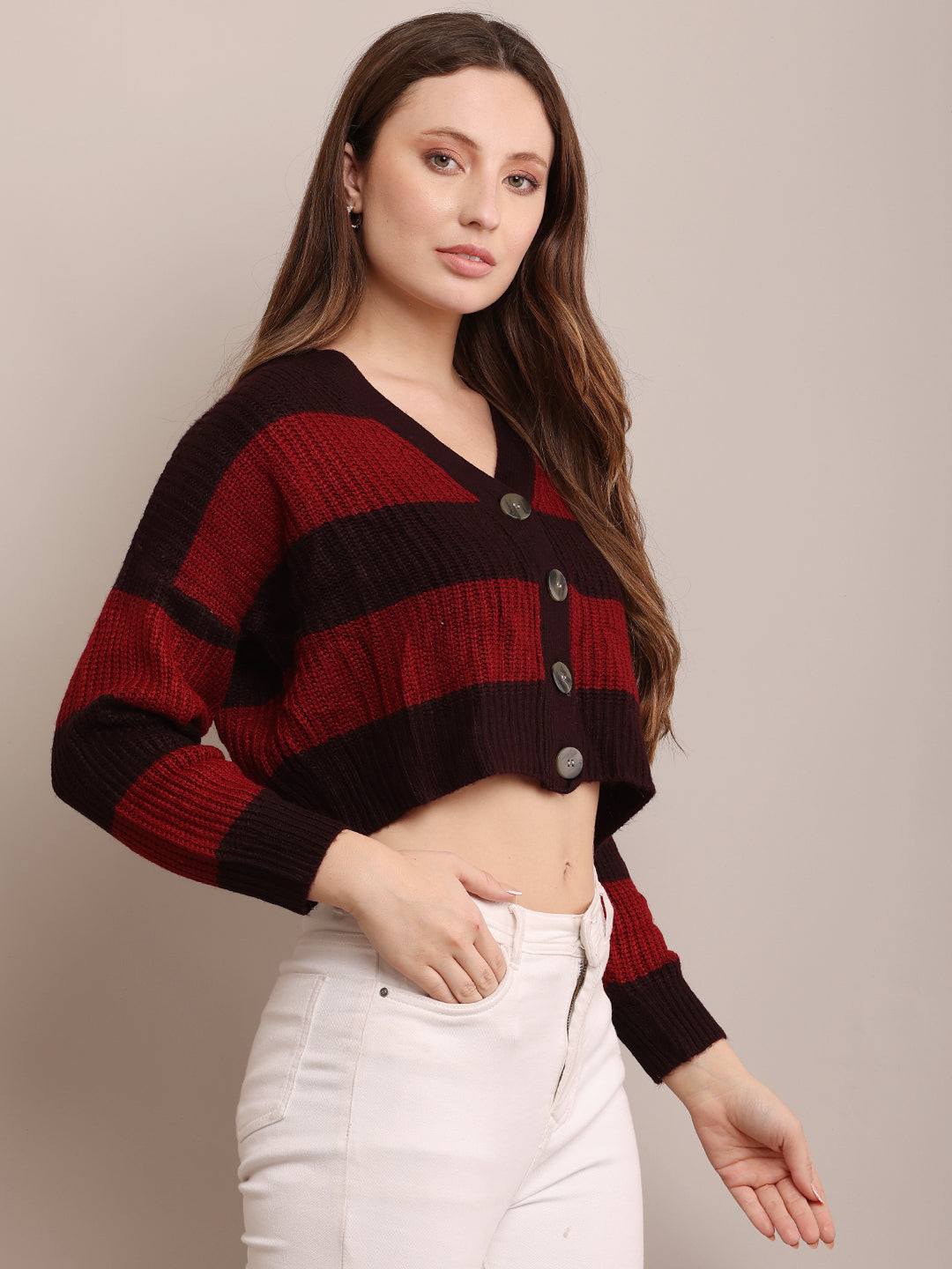 Acrylic Full Sleeve with V-Neck Striped Cropped Maroon Cardigan