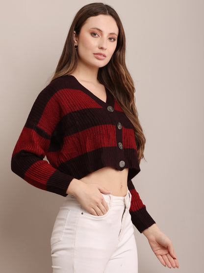 Acrylic Full Sleeve with V-Neck Striped Cropped Maroon Cardigan