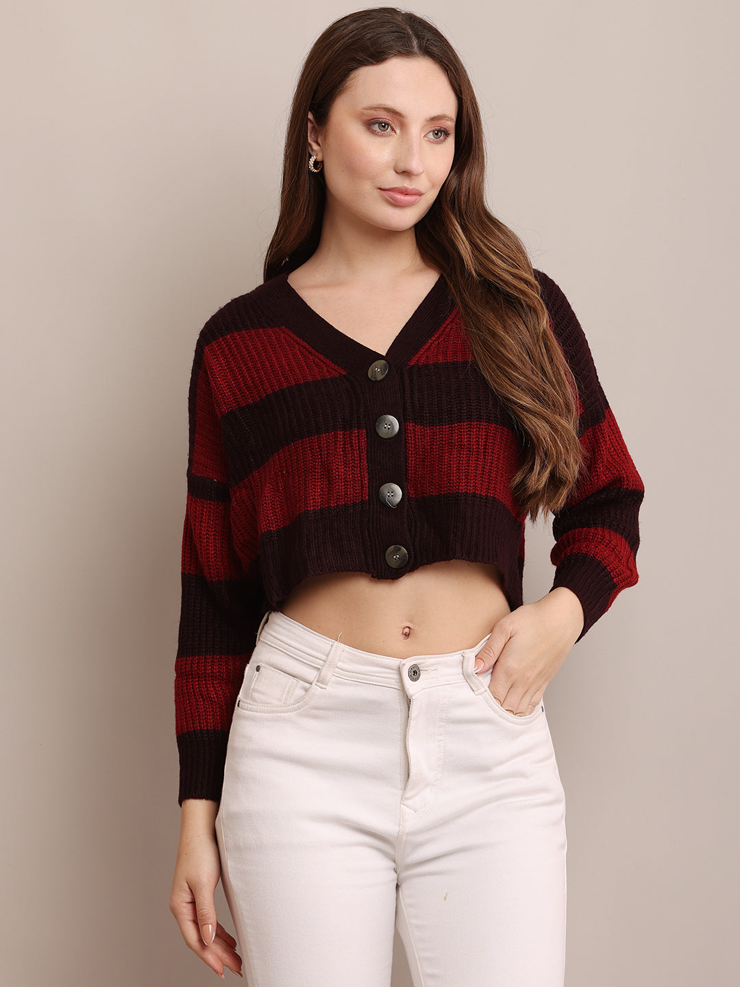 Acrylic Full Sleeve with V-Neck Striped Cropped Maroon Cardigan
