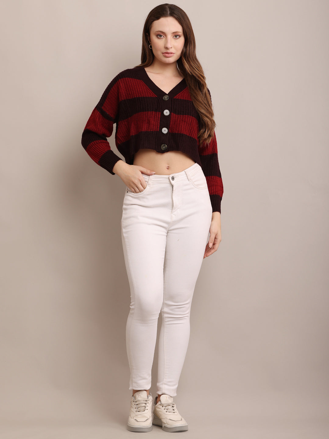 Acrylic Full Sleeve with V-Neck Striped Cropped Maroon Cardigan