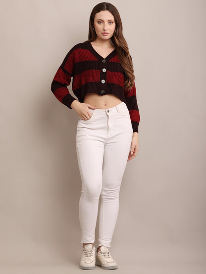 Acrylic Full Sleeve with V-Neck Striped Cropped Maroon Cardigan