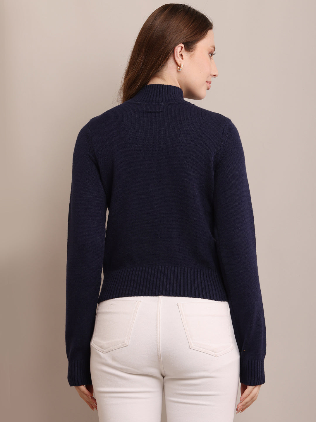 Acrylic Full Sleeve with Crew-Neck Ribbed Dark Blue Sweater