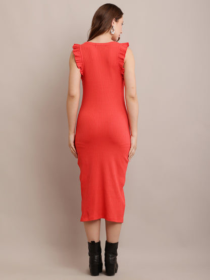 Cotton Round Neck Ribbed Sheath Midi Dress with Ruffles