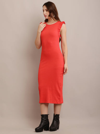 Cotton Round Neck Ribbed Sheath Midi Dress with Ruffles