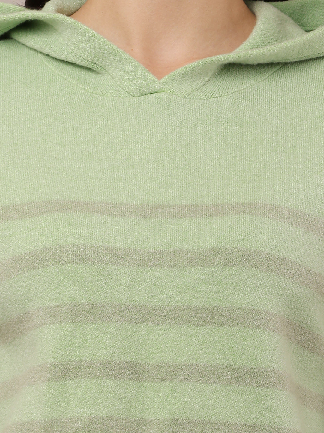 Acrylic Full Sleeve Hooded Striped Green Sweatshirt