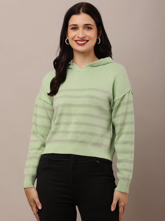 Acrylic Full Sleeve Hooded Striped Green Sweatshirt