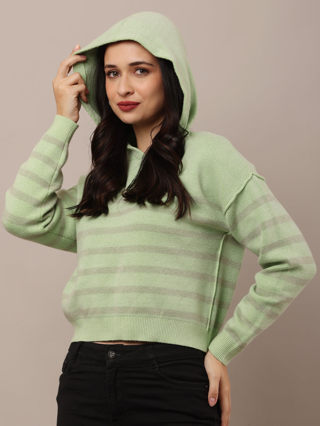 Acrylic Full Sleeve Hooded Striped Green Sweatshirt