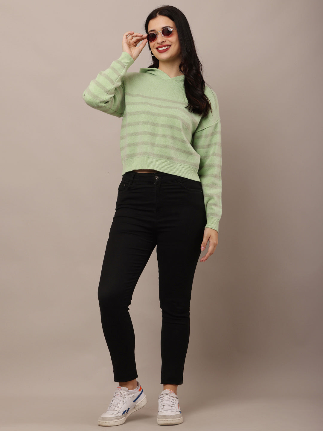 Acrylic Full Sleeve Hooded Striped Green Sweatshirt