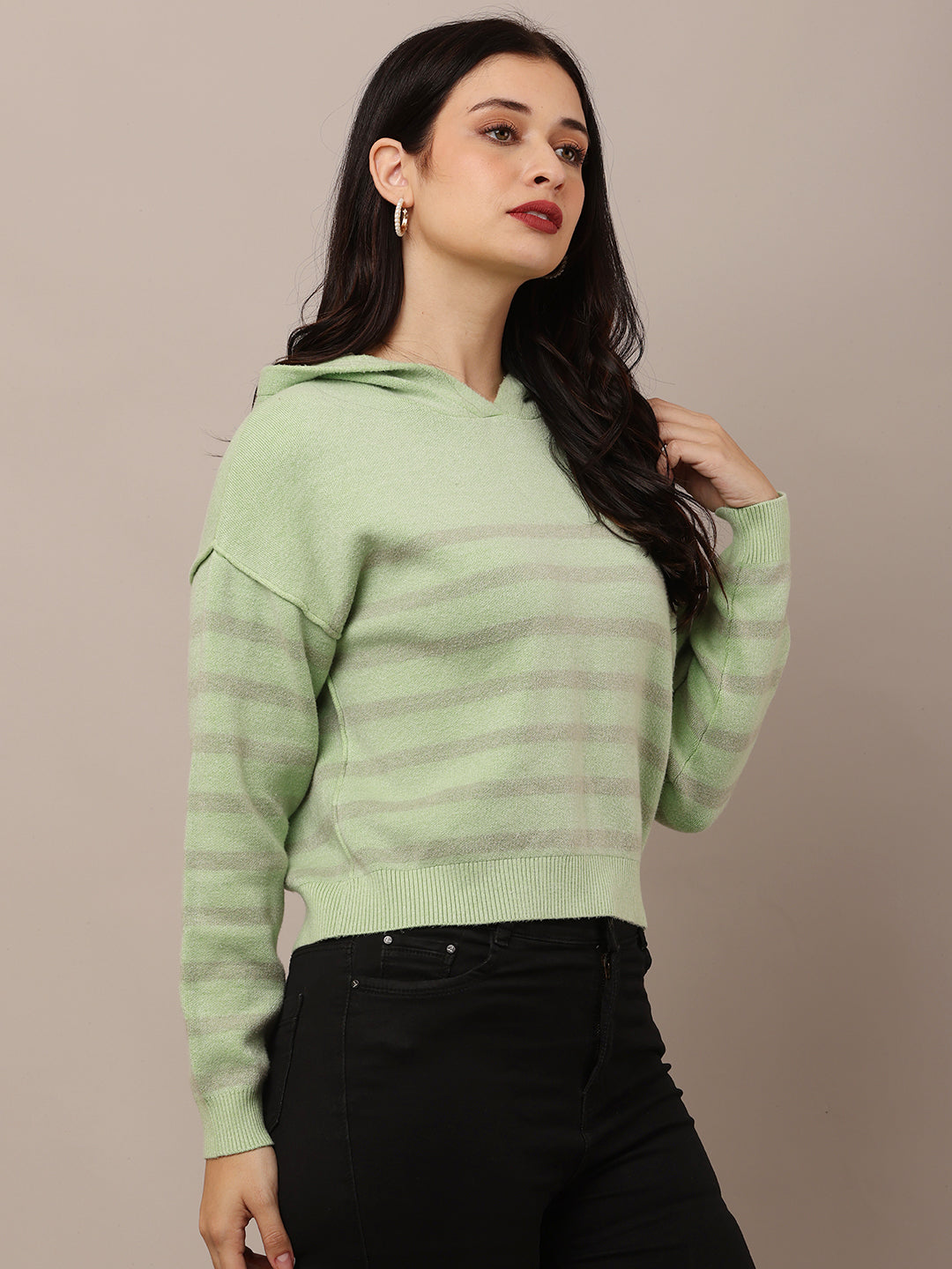 Acrylic Full Sleeve Hooded Striped Green Sweatshirt