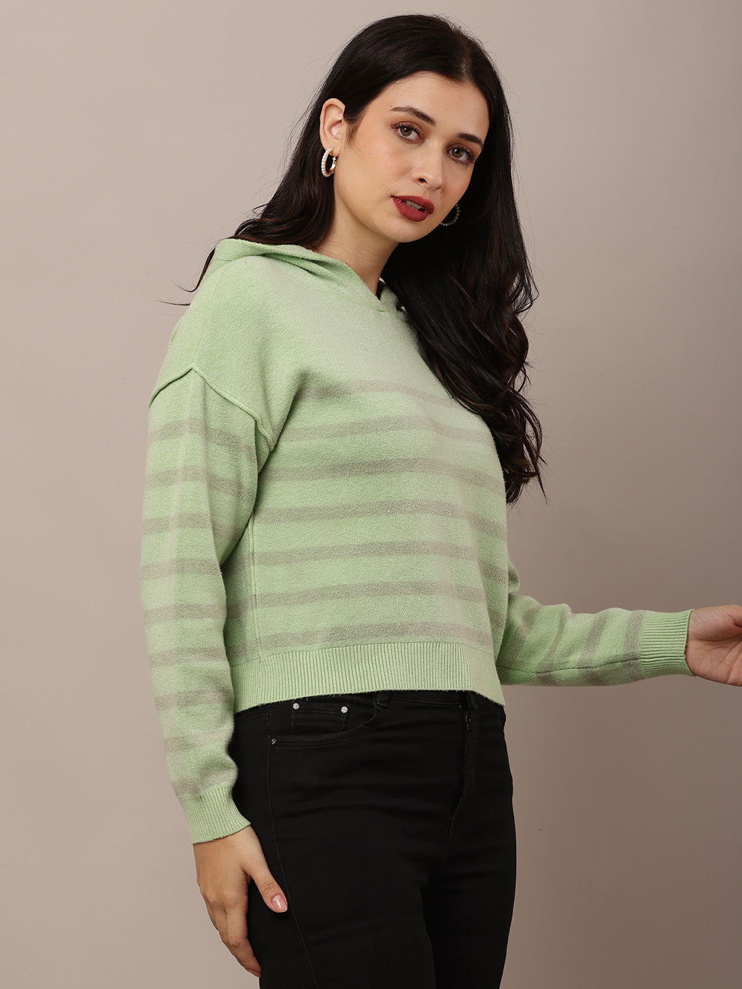 Acrylic Full Sleeve Hooded Striped Green Sweatshirt