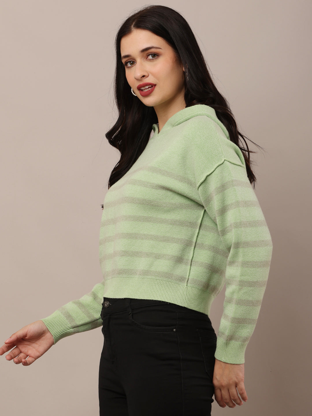 Acrylic Full Sleeve Hooded Striped Green Sweatshirt