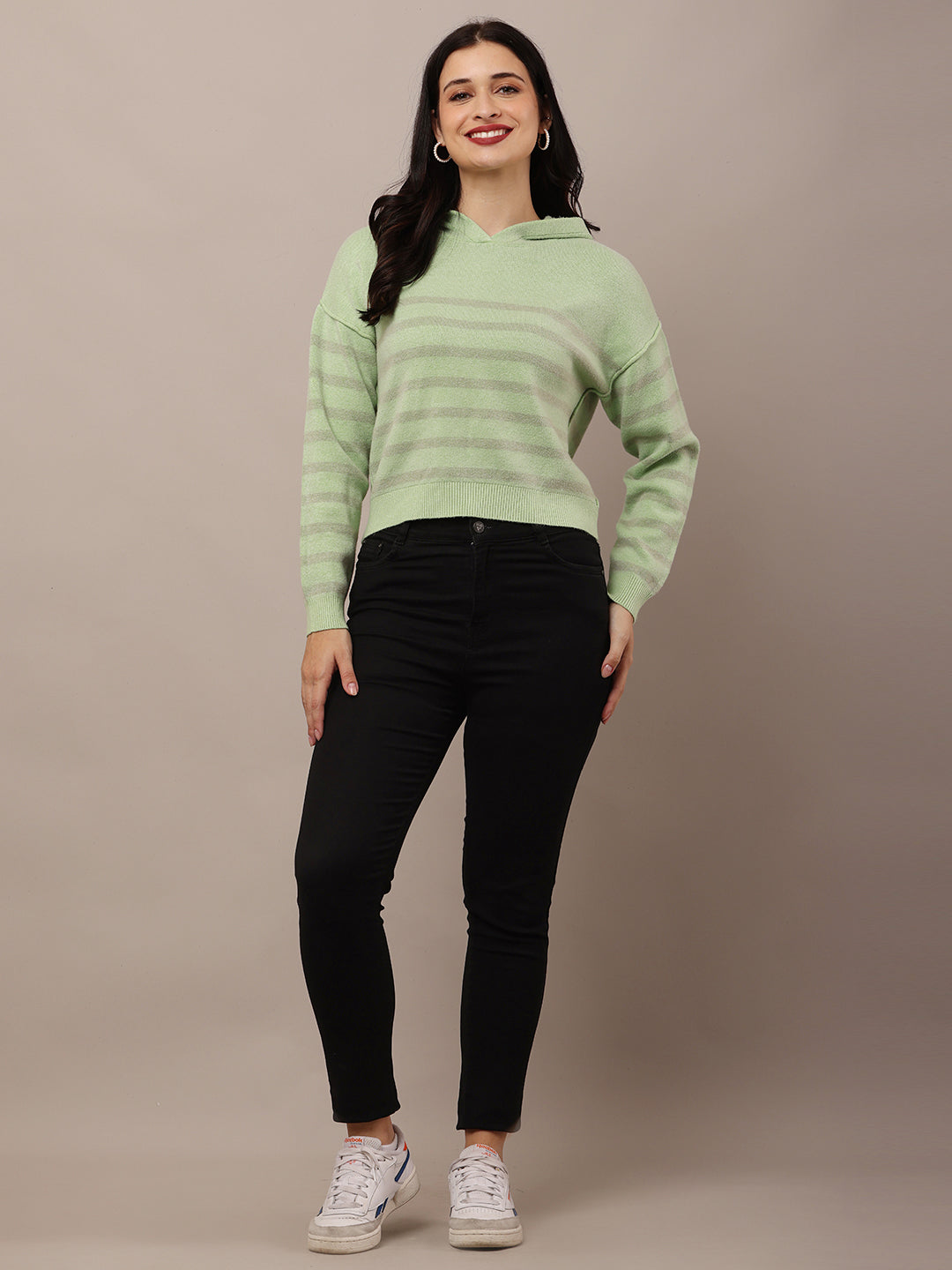Acrylic Full Sleeve Hooded Striped Green Sweatshirt