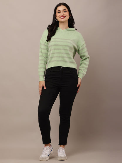 Acrylic Full Sleeve Hooded Striped Green Sweatshirt