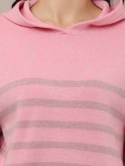 Acrylic Full Sleeve Hooded Striped Pink Sweatshirt