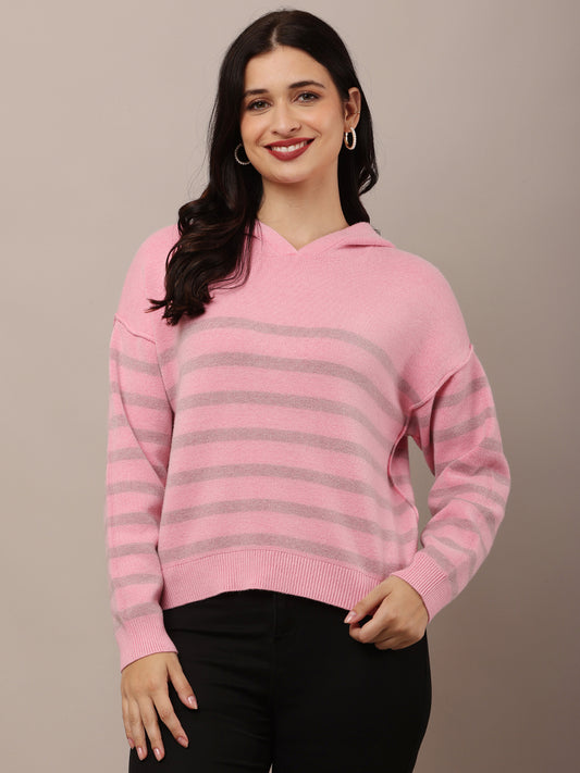 Acrylic Full Sleeve Hooded Striped Pink Sweatshirt