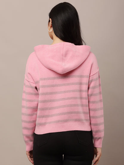 Acrylic Full Sleeve Hooded Striped Pink Sweatshirt
