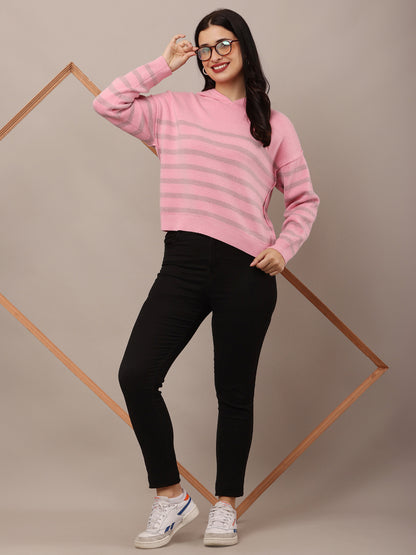 Acrylic Full Sleeve Hooded Striped Pink Sweatshirt