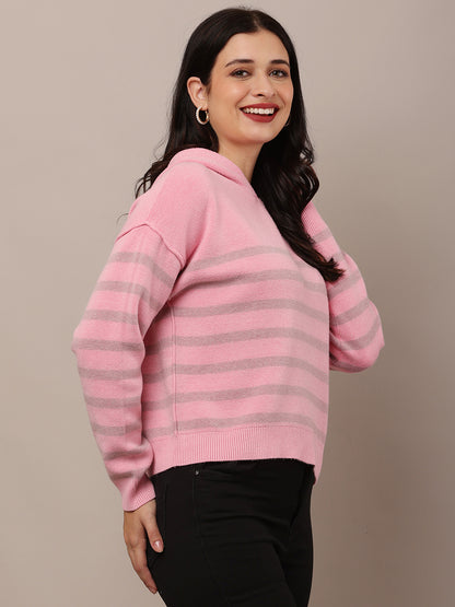Acrylic Full Sleeve Hooded Striped Pink Sweatshirt