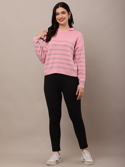 Acrylic Full Sleeve Hooded Striped Pink Sweatshirt