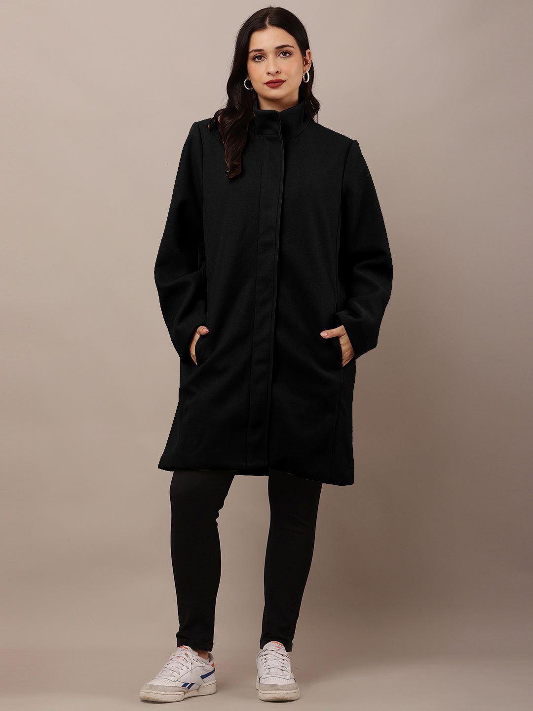 Polyester Full Sleeve with high Neck winter wears stylish Black Trench Coat
