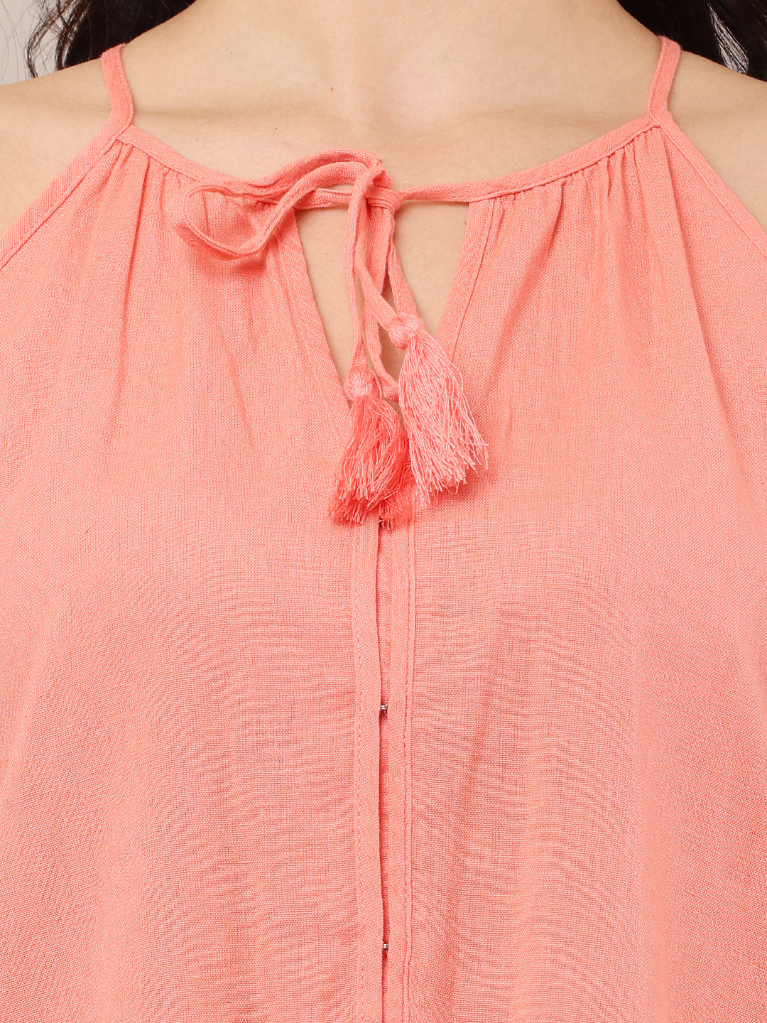 Cotton Halter Neck with Sleeveless A-line Pink Dress