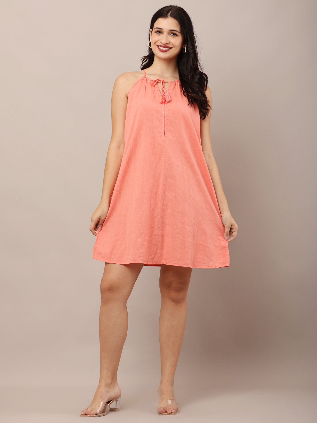 Cotton Halter Neck with Sleeveless A-line Pink Dress