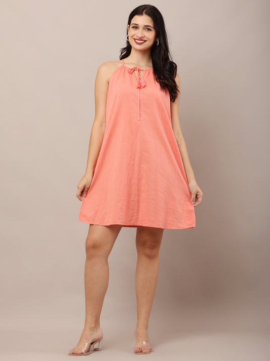 Cotton Halter Neck with Sleeveless A-line Pink Dress
